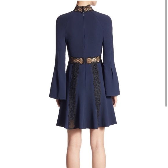 NWT Jonathan Simkhai Navy Blue Black Lace Fit Flare Dress Long Bell Sleeve Sz 6 - Picture 4 of 12
